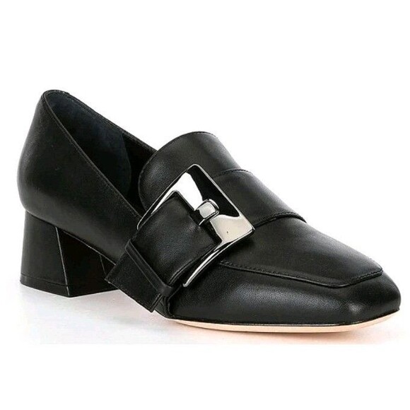 Deltan Sz 7 Veronica Black Leather Metal Buckle Flared Block Heel Pumps - Picture 1 of 16